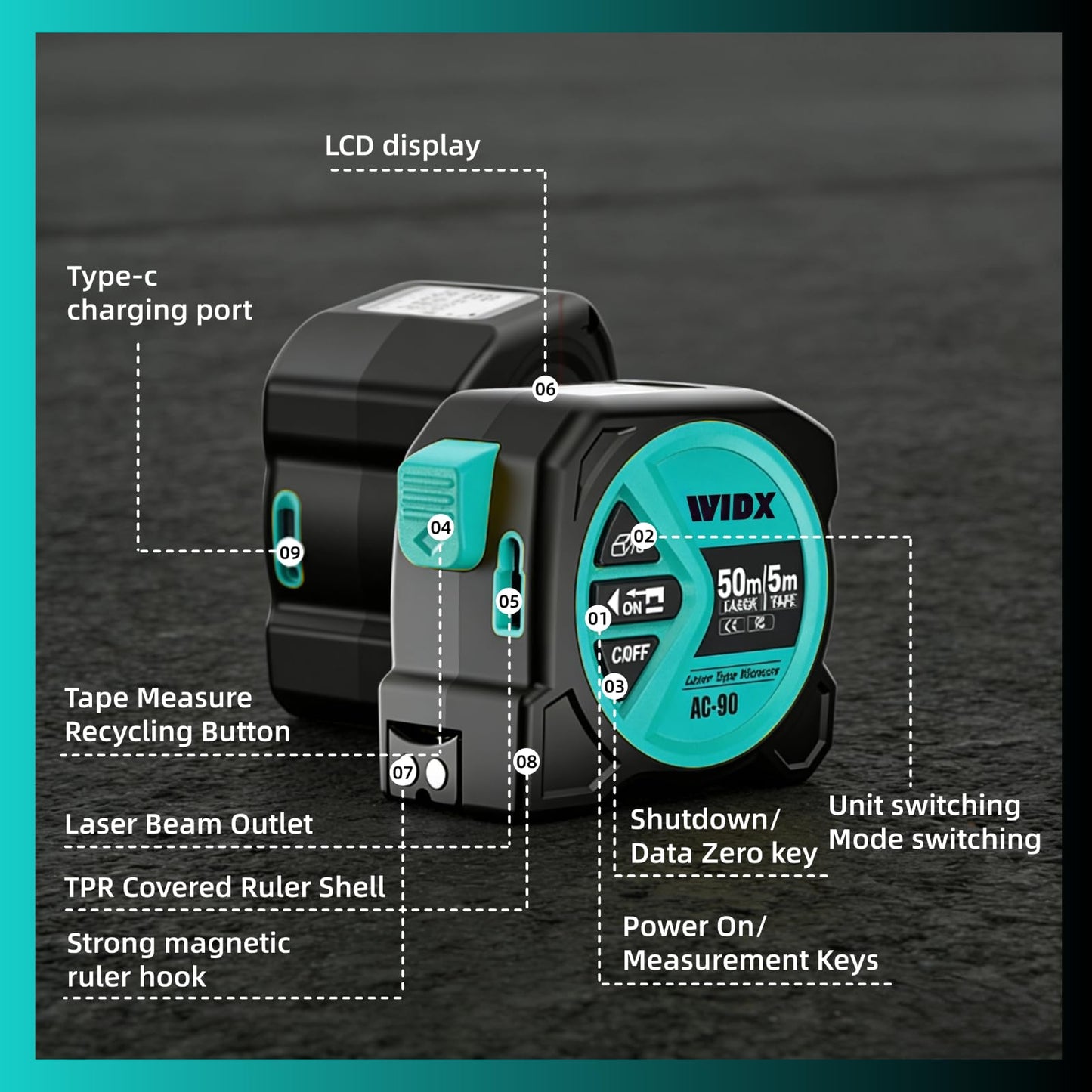 WIDX 2 in1 Laser Tape Measure,164ft Laser Distance Measurement & 16ft Auto-Lock Tape Measure with Magnetic Hook, LCD Display, in/Ft/M Unit, Linear/Area/Volume/Pythagorean for Different Scenarios