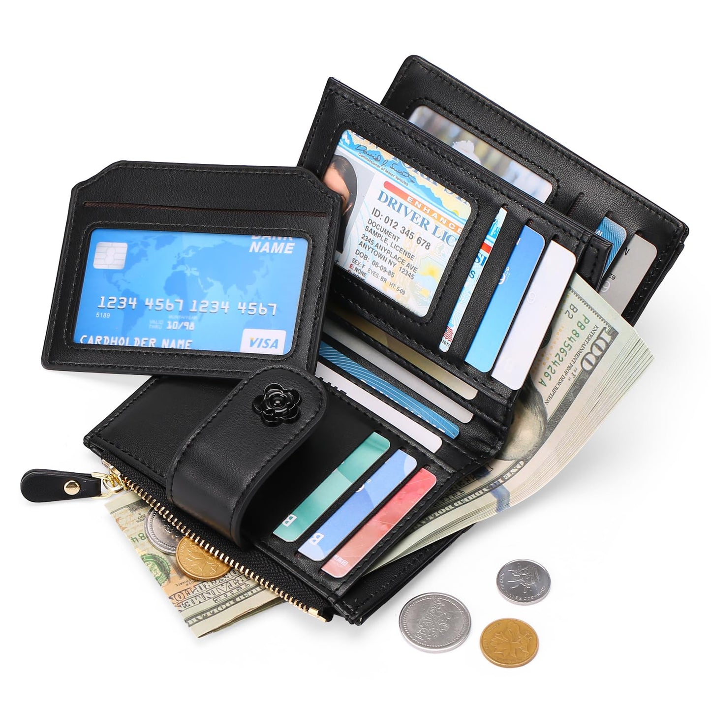 RNIEGA Small Wallets for Women Leather Bifold Wallet Women RFID Blocking Purse Credit Card Holder with 15 Card Slots and ID Window Coin Pocket