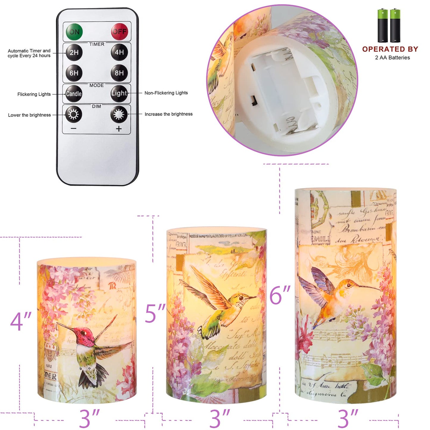 Immeiscent Flameless Candles Pink Hummingbird Floral Battery Operated Remote Timer Flickering LED Real Wax Pillar Candle Warm Light Spring Summer Decor for Home Fireplace Christmas Holiday Gifts