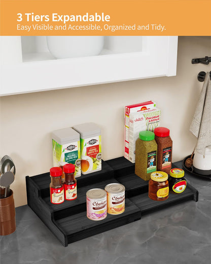 Spice Rack Organizer, 3 Tier Expandable Bamboo Spice Rack Organizer, Great for Kitchen Cabinet, Cupboard, Pantry and More-Bamboo