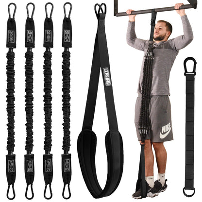 Pull Up Assistance Bands Set - 4 Heavy-Duty Pull Up Bands, Height Adjustable Strap & Comfortable Foot Strap - Stackable Pull Up Resistance Bands for Pull Ups (Black)