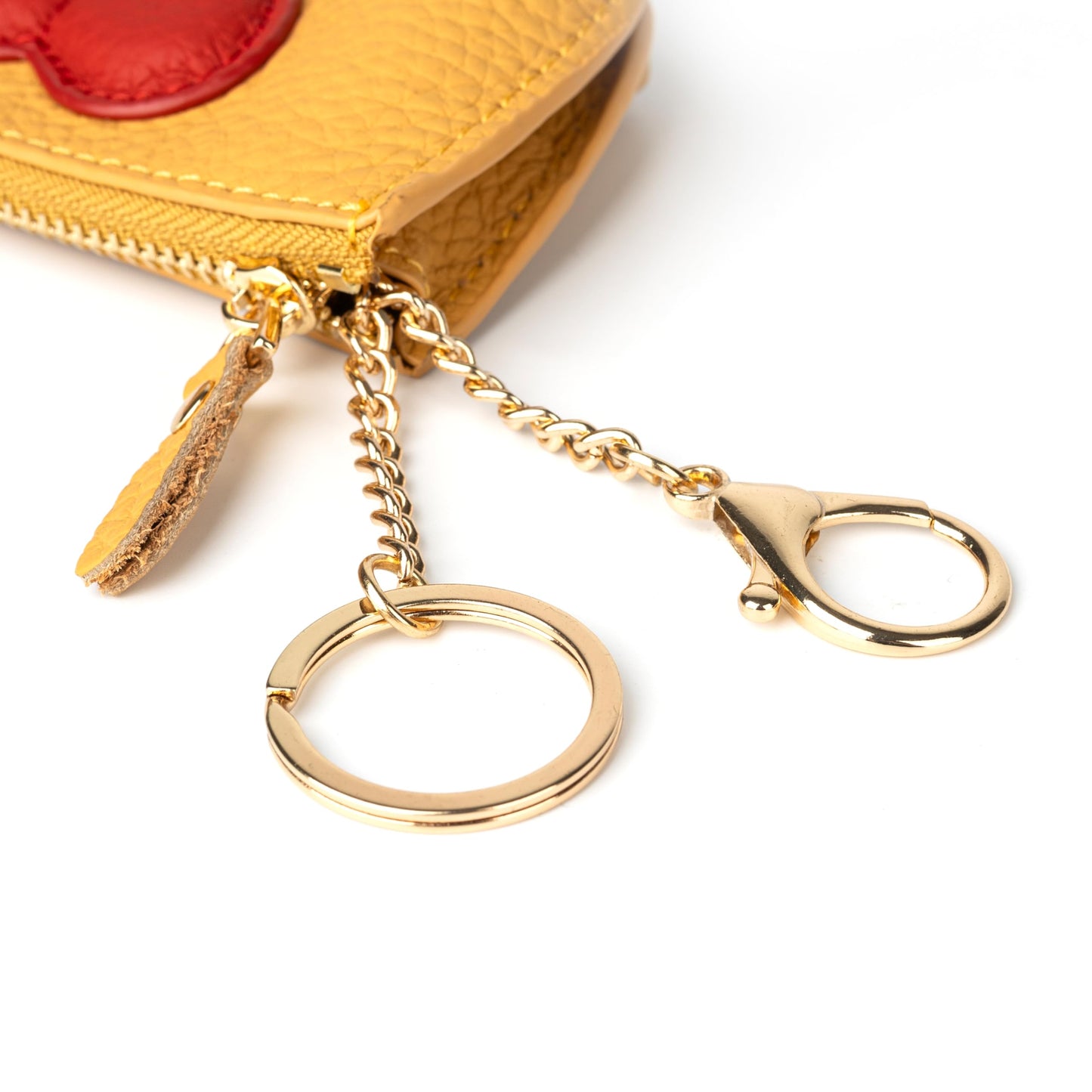 Doris&Jacky Cowhide Leather Coin Purse, Mini Zipper Card Holder With Cute Red Heart Design and Key Chain (Yellow)