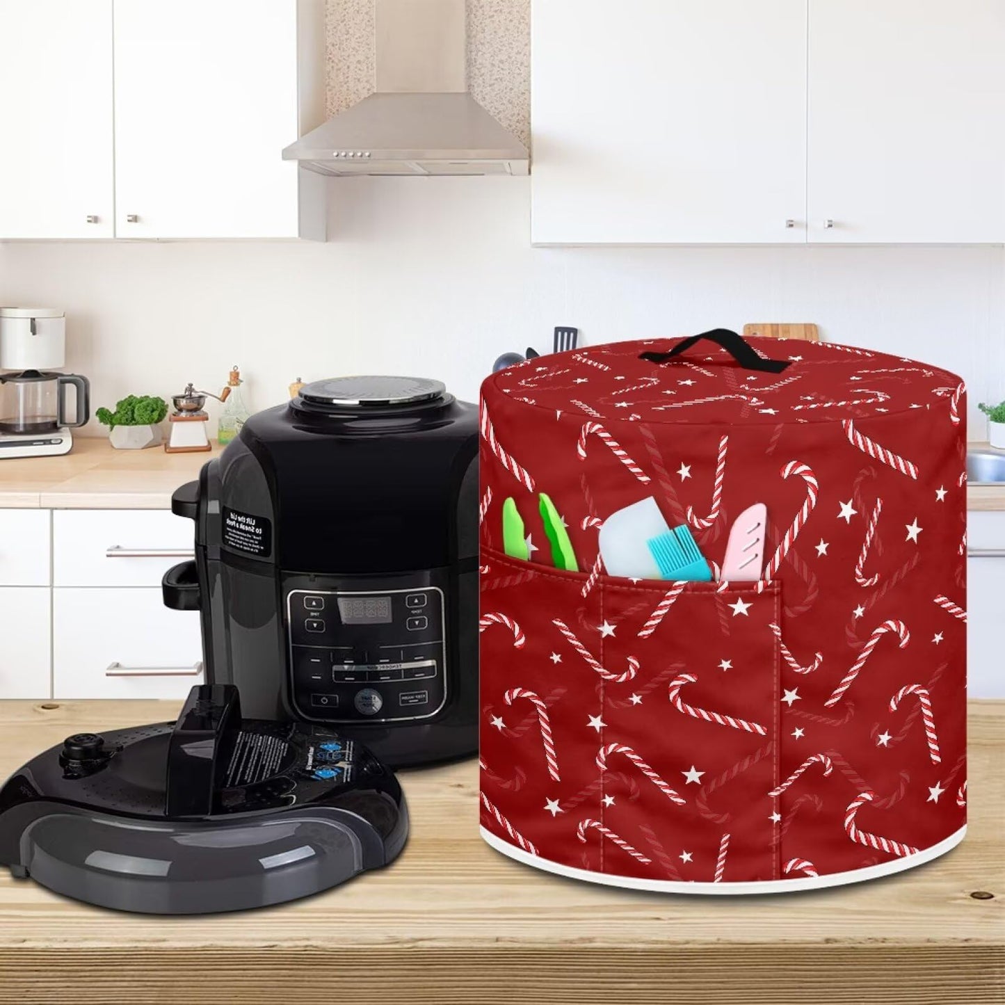 Tutolipy Candy Cane Kitchen Appliance Covers with Top Handle Christmas Air Fryer Cover 6 Quart Red Xmas Decor Pressure Cooker Protectors with Pocket