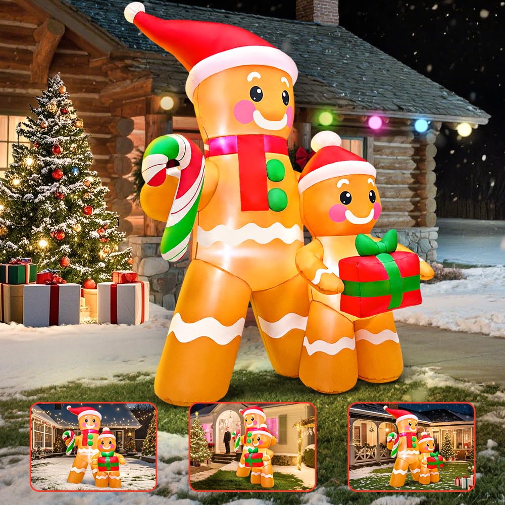 5FT Christmas Inflatables Outdoor Decorations Inflatable Gingerbread, Built in LED Lights Blow up Yard Decorations for Xmas Holiday Party Indoor Garden Lawn Décor