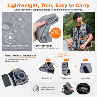 Goture Fishing Vest, Lightweight Breathable Nylon Fly Fishing Vest Pack for Men and Women, 18 Pockets Vests with Dedicated Quick-Access Line Pocket, Waistcoat Jacket for Outdoor Activities