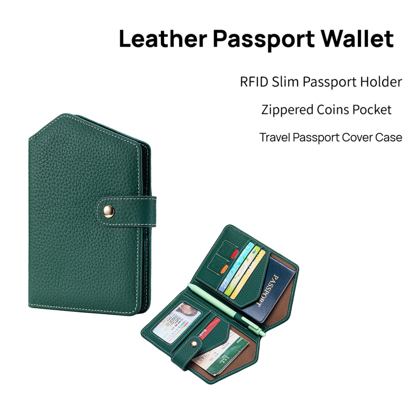 Cute RFID Passport Wallet for Women Leather Slim Passport Holder Travel Wallet Cover with Zipper Coin Purse, Credit Card, Sim and Tticket Slots (Green)