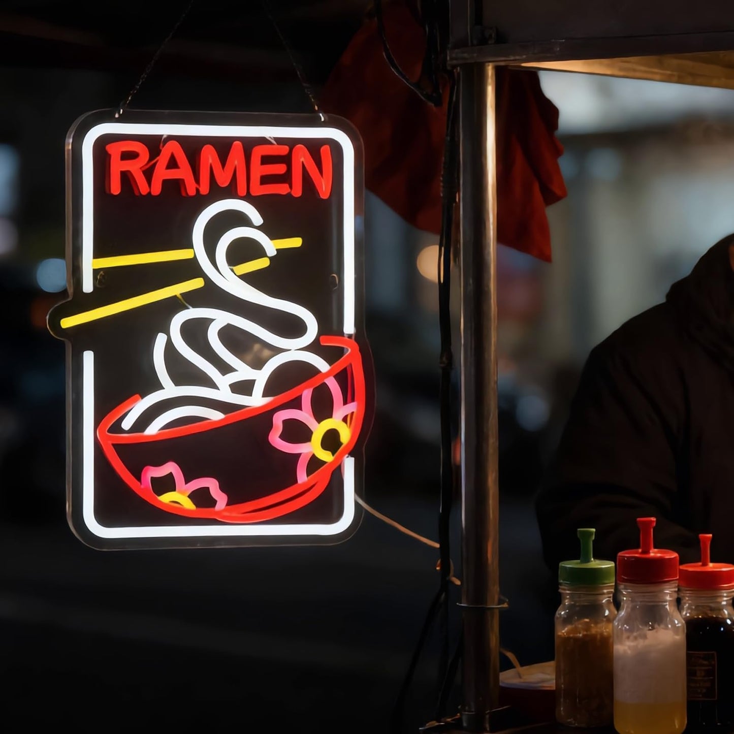 Ramen Neon Sign Sakura Ramen Neon Sign for Wall Decor Japanese Noodle USB Dimmable Neon Light Sign for Kitchen Restaurant Home Pub Party Man Cave Club Shops Hotel Store Business Gift