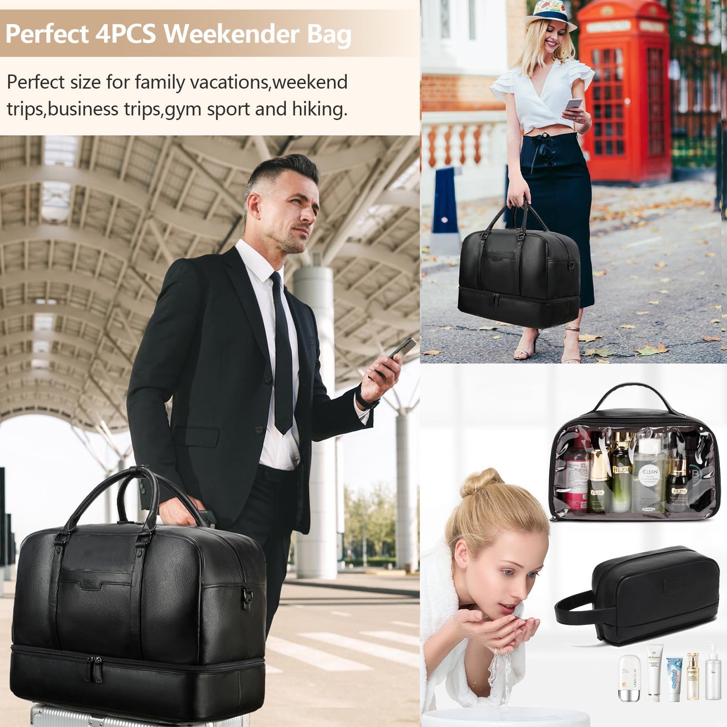 Wogarl Faux Leather Weekender Bag - Large Overnight Duffel with Shoe Compartment, Toiletry Satchel, Carry On Bag - Fit 21" Laptop (Black)