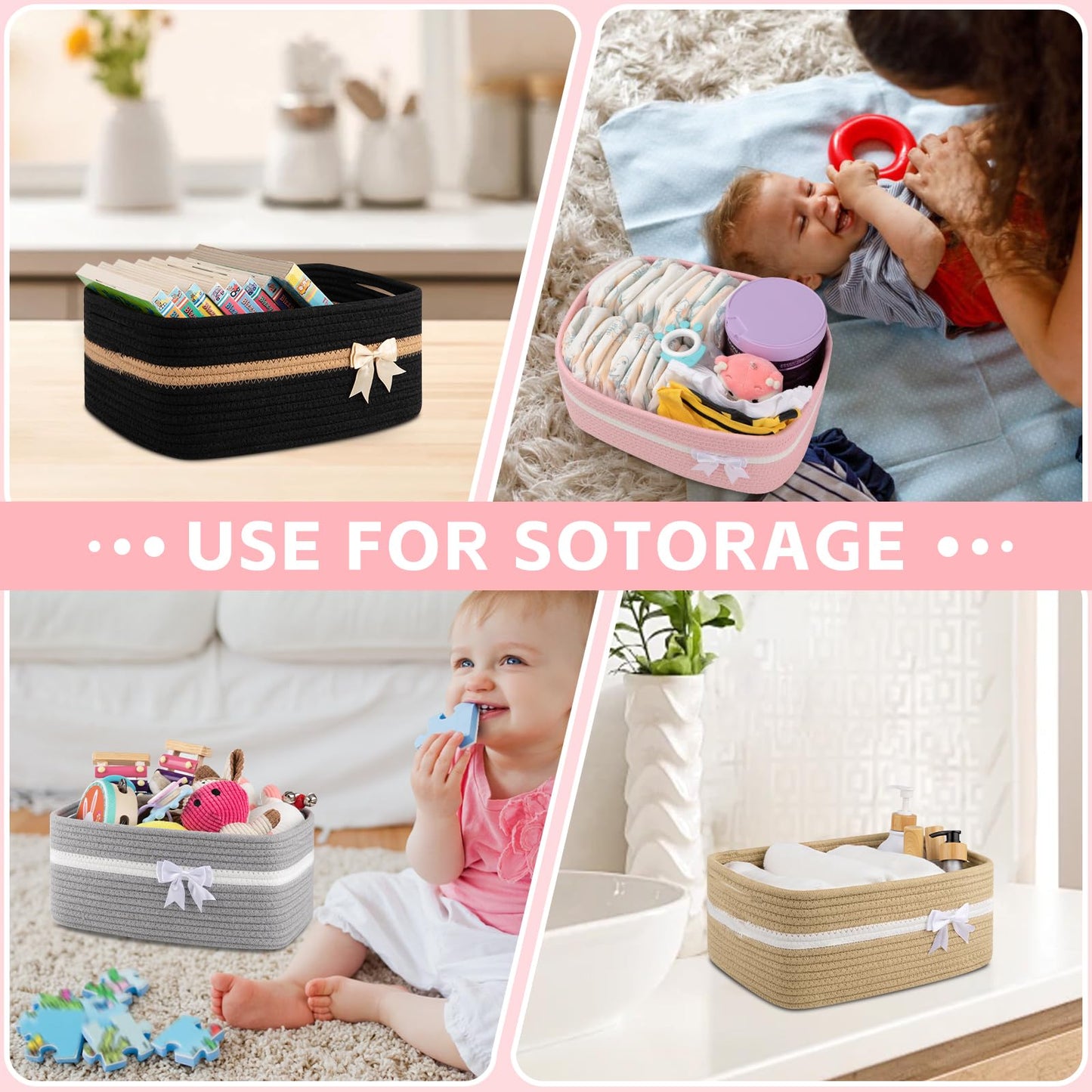 OIAHOMY Large Woven Storage Basket with Handles for Nursery Living Room Shelves, Bow Basket for Gifts Empty with Gift Bags and Ribbons for Baby Showers Pet Toy Bin - White
