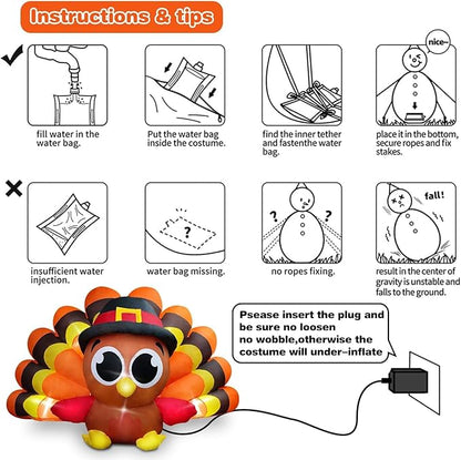 Thanksgiving Inflatables Turkey Outdoor Decorations 8FT Fall Inflatable Turkey with Built-in LED Lights with Big Tail Blow up Outdoor Lawn Yard Decoration