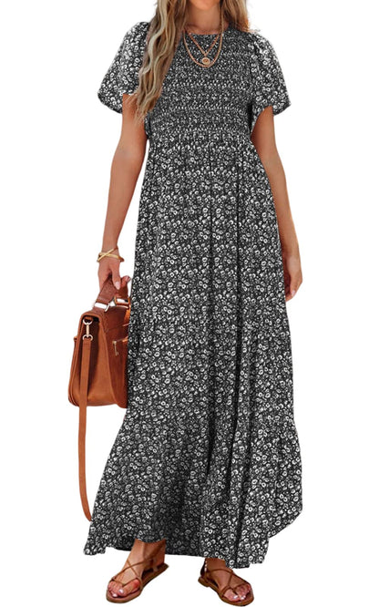 PRETTYGARDEN Women's 2025 Summer Casual Flutter Short Sleeve Boho Floral Maxi Dress Crew Neck Smocked Tiered Long Dresses