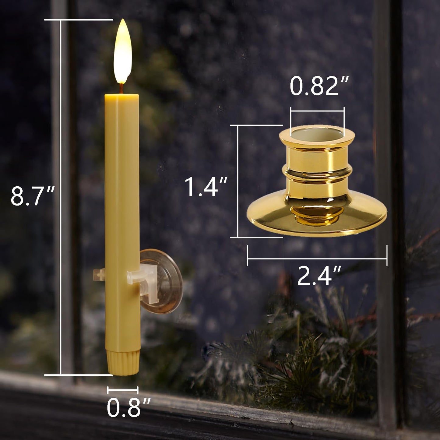 NONNO & ZGF 6 Pack Flameless 8.7'' Window Candles with 12 AA Batteries(Include) +6 Bows(with Bells) +6 Suction Cups+6 Golden Candleholders. Battery Powered Ivory Taper Candle with Remote and Timer