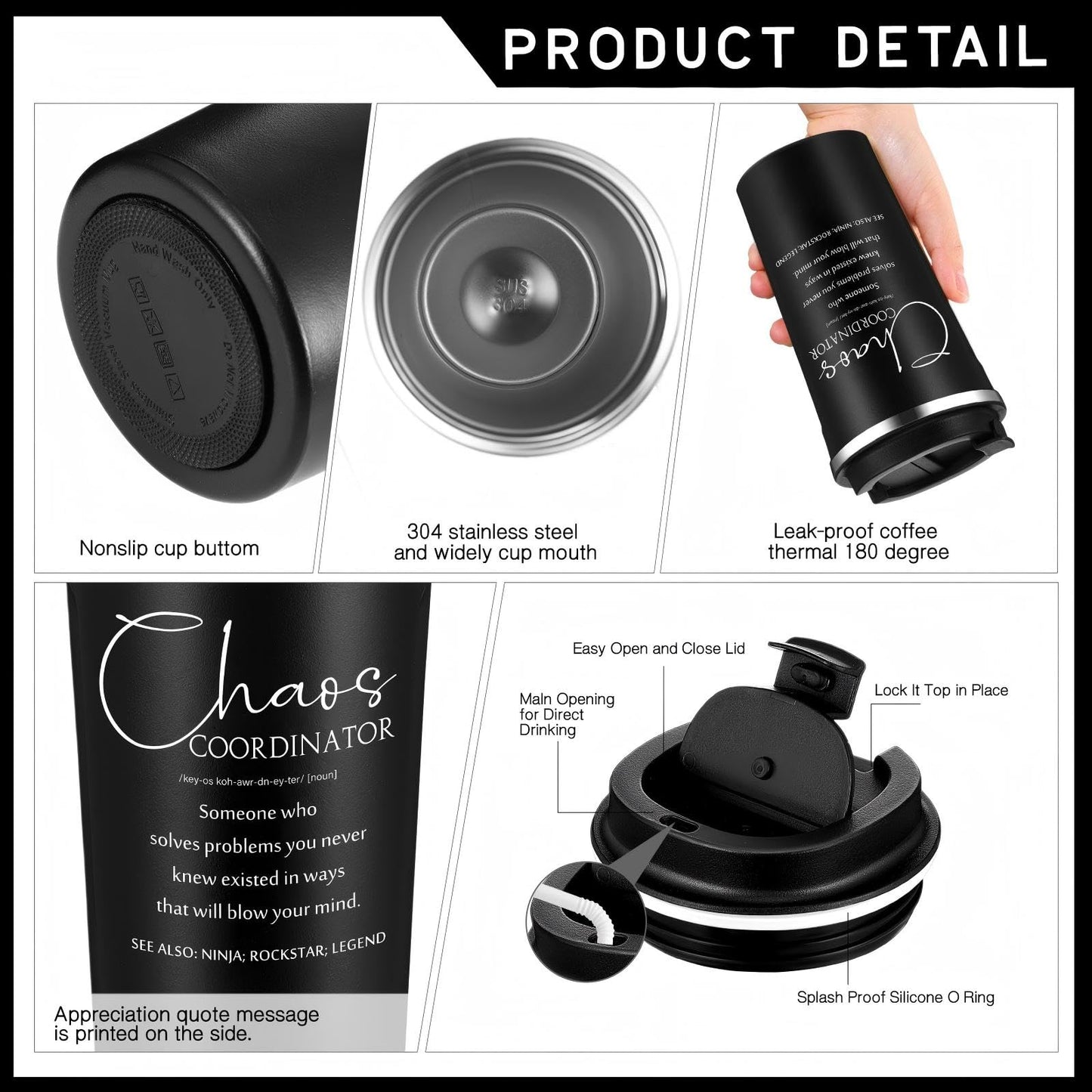 Pickmesh 3 Pcs Chaos Coordinator Appreciation Gifts for Women Men 17 oz Coffee Tumbler A5 Leather Journal with Ballpoint Pen for Admin Professionals Manager Assistant‌ Employee Teacher(Black)