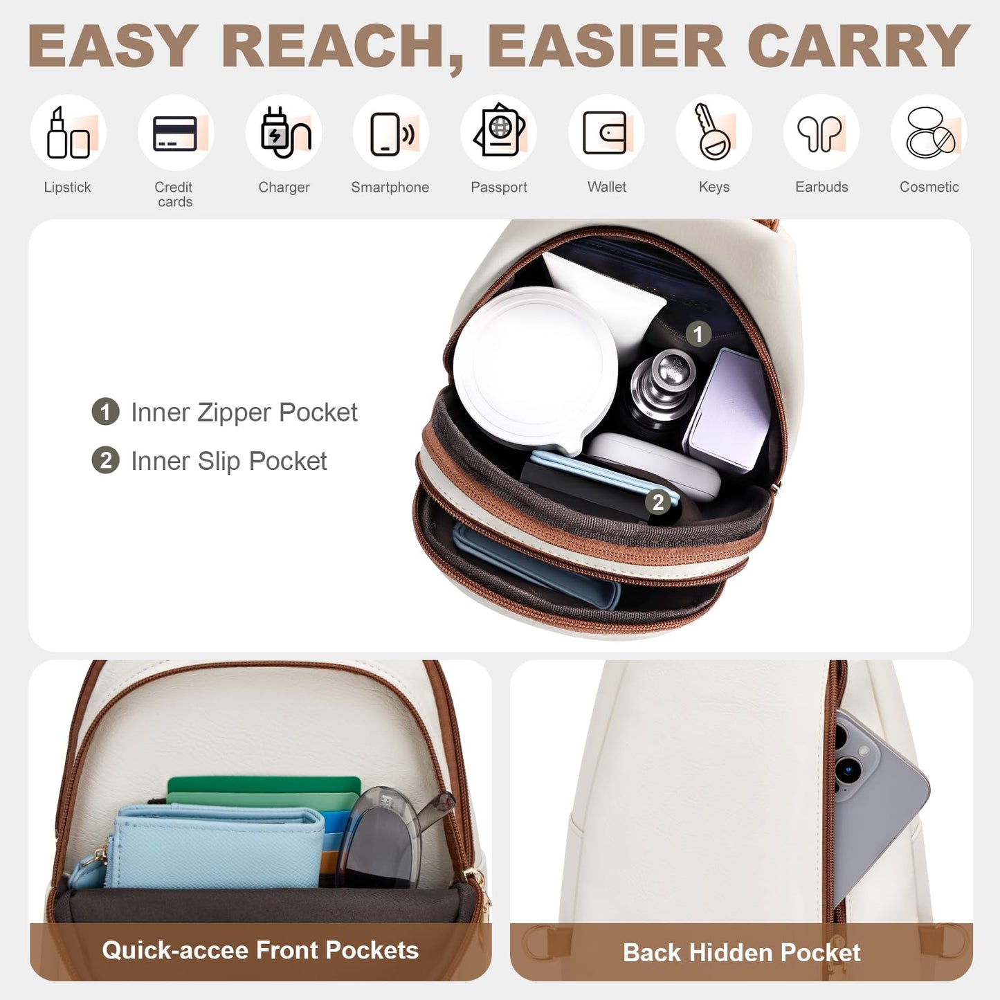 SYTRAH Anti Theft Sling Bag for Women, RFID Crossbody Purses Convertible Sling Backpack, Cross Body Purse Chest Bag for Travel Daily Use Beige Brwon
