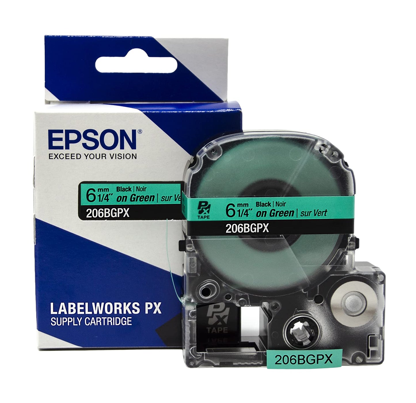 Epson LABELWORKS 206BGPX Genuine PET (Polyester) Tape Cartridge - Black on Green Label Maker Tape - 1/4" (6MM) Wide, 30'
