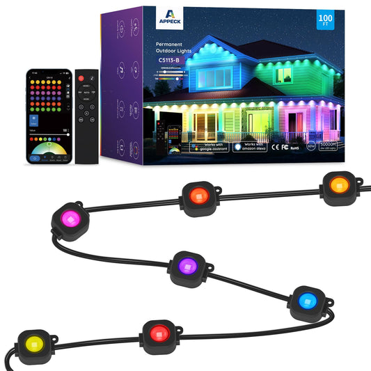 APPECK Permanent Outdoor Lights 100ft,RGBW Eaves Light with 72 LED Lights,111+ Scenes Modes Outdoor Lighting, Waterproof Permanent Light for Daily Holiday Decorations, Compatible with Alexa,Black