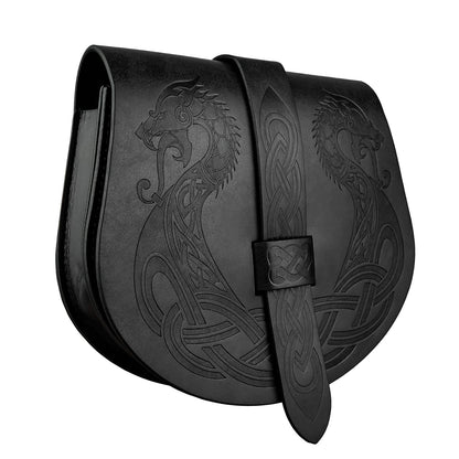 HiiFeuer Viking Embossed Langskip Belt Pouch, Medieval Faux Leather Flap Saddle Side Bag Purses, Retro Portable Belt Bag (Black A)