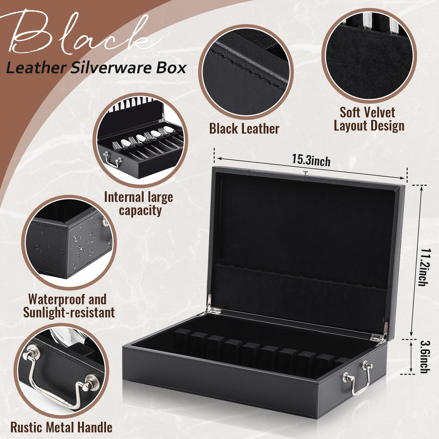 DoubleFill 1 Layer Leather Silverware Storage Box with Lid and Handles, Anti Tarnish Silverware Storage Chest Case with Felt-lined for 12 Sets of Utensils Flatware Gifts, 15.3x11.2x3.6 Inch