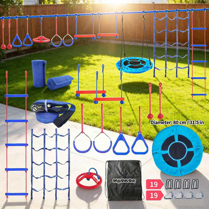 Wavmor 65 FT Ninja Warrior Obstacle Course Swing Set for Kids with 12 Obstacles,Outdoor Playset with Monkey Bars for Backyard