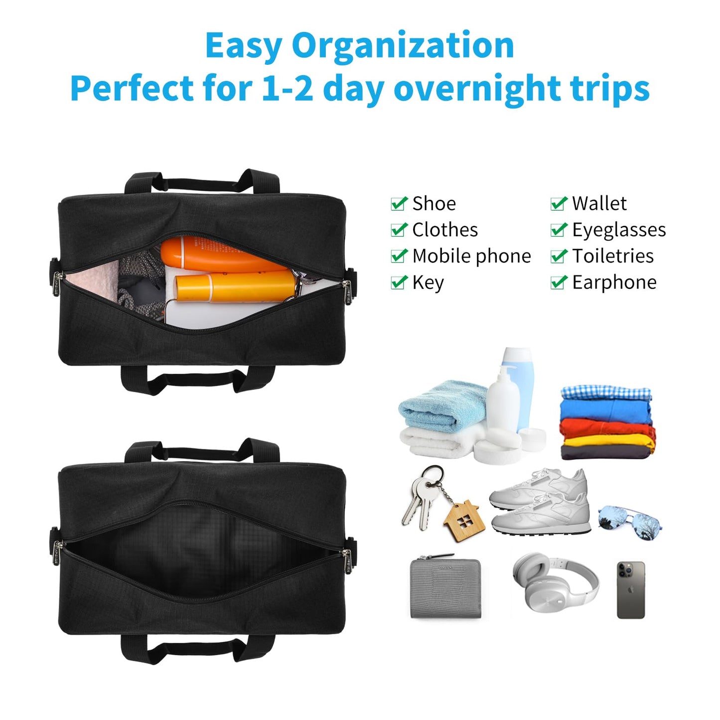 Small Gym Bag 14 inch lightweight Carry On Mini Duffel Bag for Travel Sport - Black