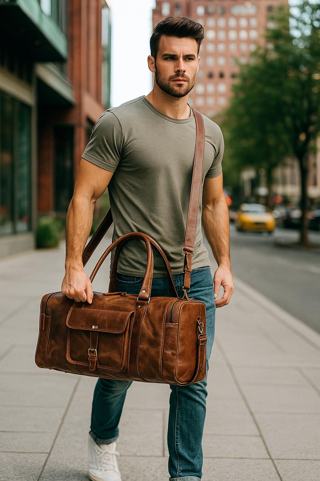 Leather Duffel Bag for Men & Women, Genuine Weekender Travel Bag, Handmade Overnight Gym Bag with Shoulder Strap, Carry-On for Business & Outdoor Travel (Asher Duffel, Light Brown, 24 Inch)