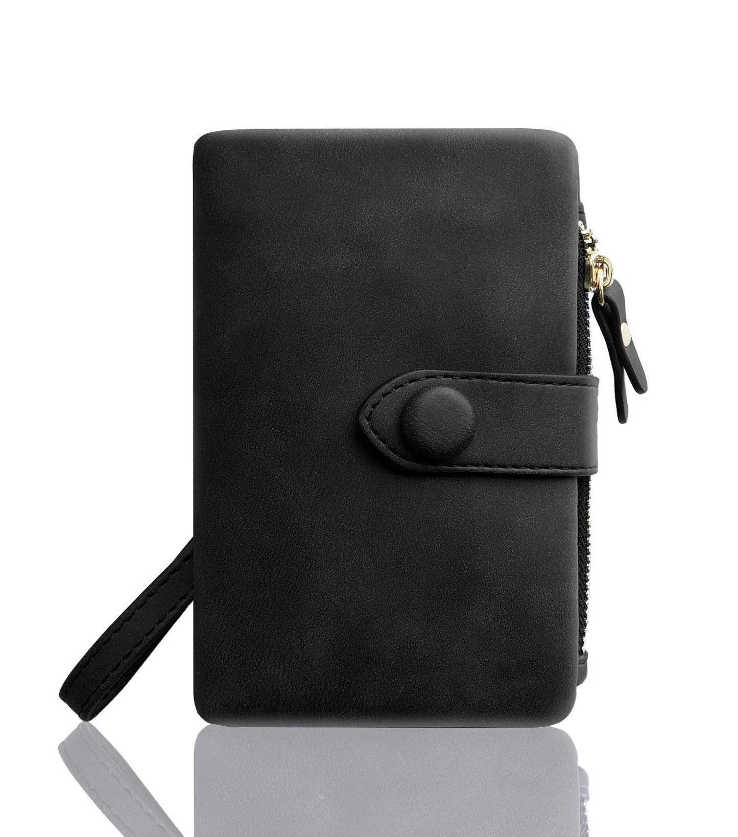 AOXONEL Women's Small Bifold Leather wallet Rfid blocking Ladies Wristlet with Card holder id window Coin Purse (Black)