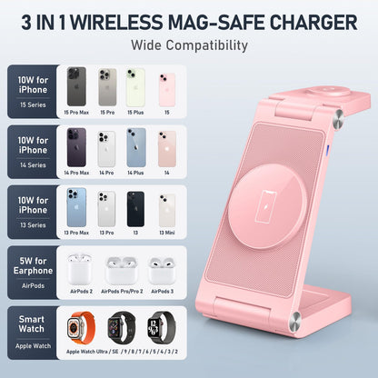 Magnetic Wireless Charger Stand, 3 in 1 Foldable Wireless Charging Station with 20W Adapter, Travel Charger for Multiple Devices for iPhone 17 16 15 14 13 12 Pro/Max/Plus/Mini, iWatch, AirPods