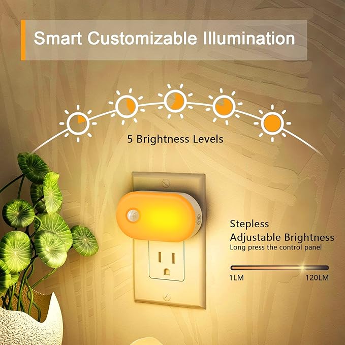 Lyridz Amber Night Light with Motion Sensor, Plug in LED Nightlights, 120LM Stepless Adjustable Brightness Ideal for Bathroom, Bedroom, Hallway, Stairs, Kids' Room, Nursery, Pet House, 2 Pack