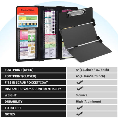 Rokolo Foldable Aluminum Nursing Clipboard with Cheat Sheets - Black (Letter Size, 30 Sheet Capacity)