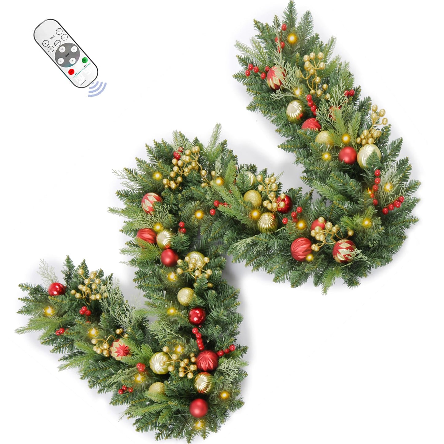 9FT Prelit Artificial Christma Garland with Dual Color LED Lights and Timer by Remote Control and Batteries Operated, Home Mantle Stairs Railing Fireplace Outdoor Indoor Wall