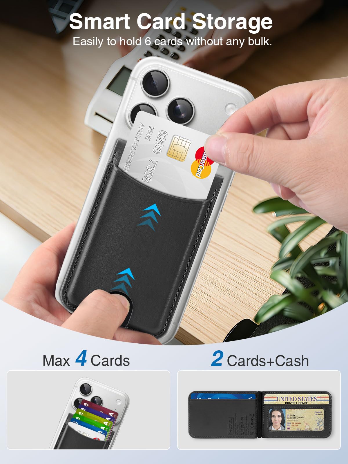 TopMade for MagSafe Wallet, Works with Apple Find My, Strongest Magnetic Wallet with Stand, 6 Card Holder, RFID Blocking, Magnetic Card Holder for iPhone 17/16/15/14/13/12 Series, Rechargeable, Black