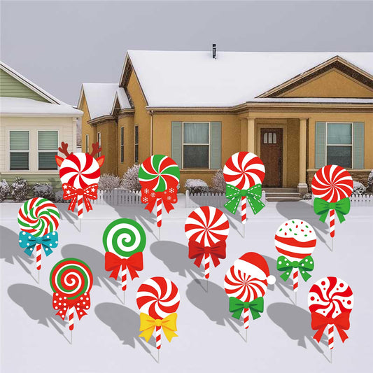12-Piece Christmas Lollipop Yard Signs with Stakes Decorations – Assorted Candy Cane Peppermint Designs 14 Inches Large Outdoor Holiday Candy Signs for Garden, Lawn, Driveway, and Christmas Party Favor