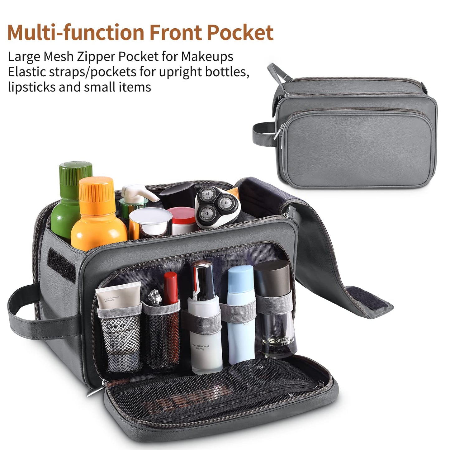 Buruis Extra Large Toiletry Bag for Men, Travel Toiletry Organizer Dopp Kit Water-resistant Shaving Bags, PU Leather Cosmetic Bathroom Shower Bag for Toiletries, Grooming, Accessories (Grey)