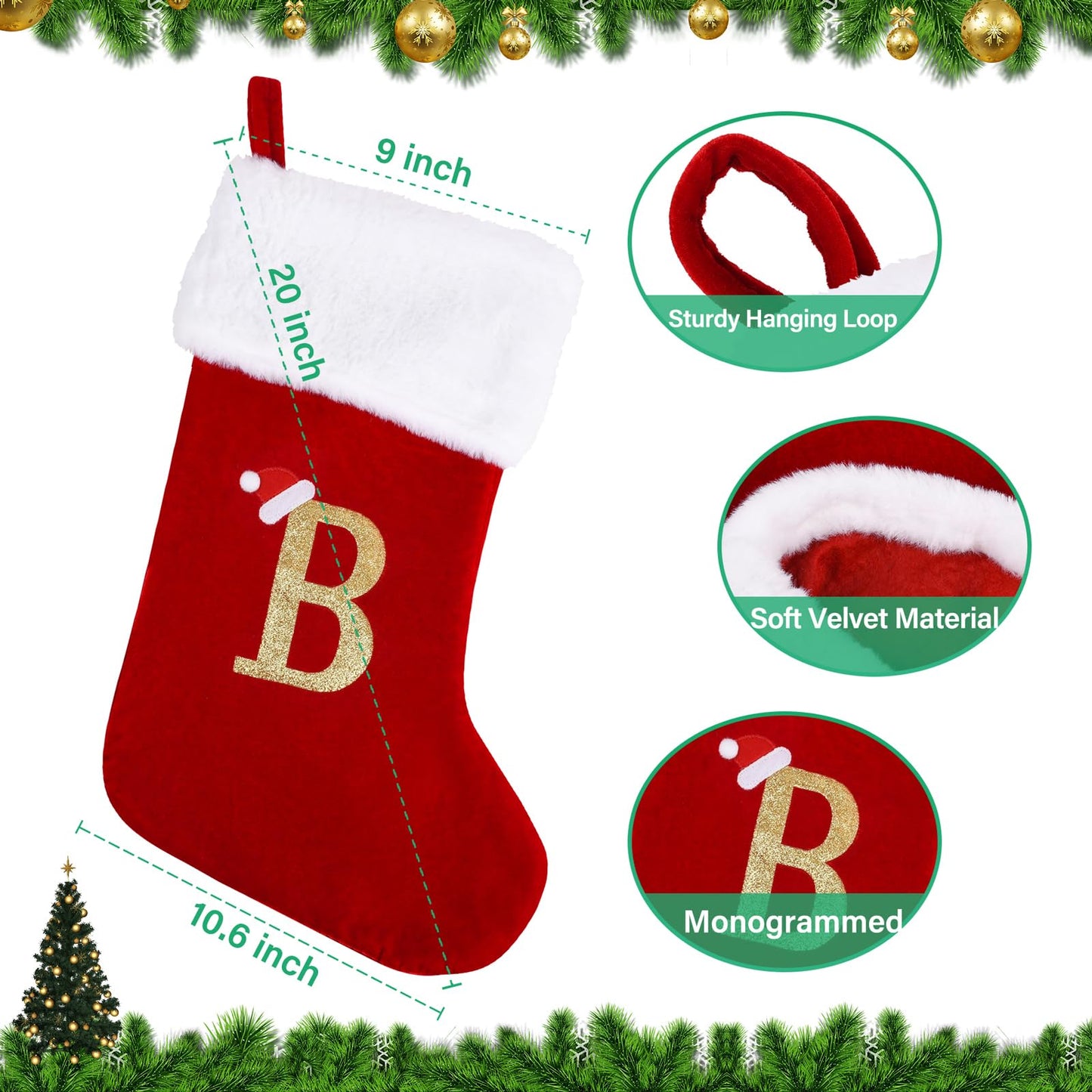 Sailup 20 Inches Monogram Christmas Stockings with Letters, Large Super Soft Christmas Stockings Red Velvet with White Super Soft Plush Cuff for Christmas Xmas Tree Holiday Fireplace (B)
