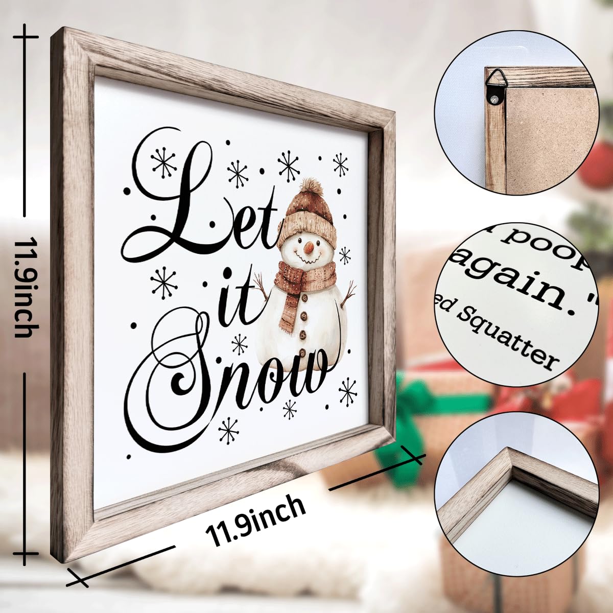 Christmas Wall Decor, Let It Snow Snowman Sign, Winter Framed Wood Wall Accent for Living Room Entryway or Playroom, MDF Holiday Hanging Plaque for Home