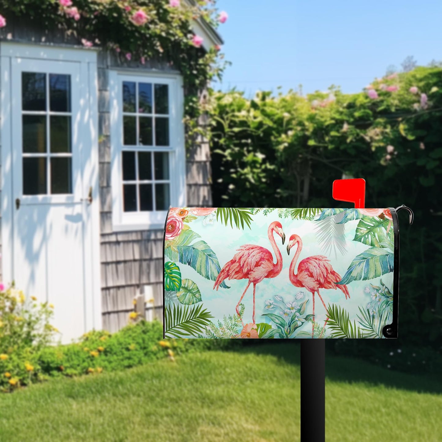 Summer Mailbox Covers Flamingo Flowers Tropical Mailbox Cover Post Letter Box Cover for Garden Standard Size 21x18 in Mail Box Wraps for Yard Home Decor