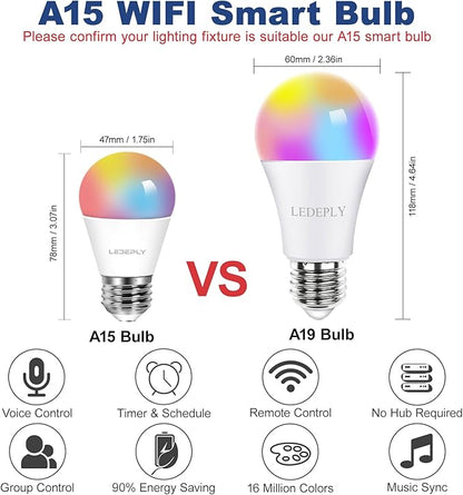 5W=40W, A15 Smart Bulb, Compatible with Alexa, Google Home, E26, Color Changing, Dimmable LED WiFi Light Bulbs, No Hub Required, 1 Pack