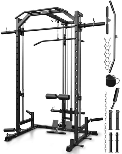 Mikolo Smith Machine Home Gym Power Cage (1:1 Ratio Strength Trainer) (Space Saving Design) (with 8 Free Attachments) Squat Rack for Full Body Training