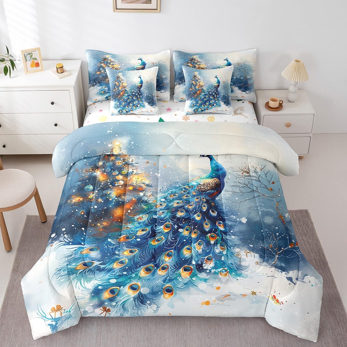 Manfei Xmas Peacock 7 Pieces Comforter Set Full,Wildlife Animal Snow Winter Bedding Set for Bedroom Decor,Merry Christmas（Comforter+Fitted+Flat Sheet+2 Pillowcases+2 Throw Pillow Covers）