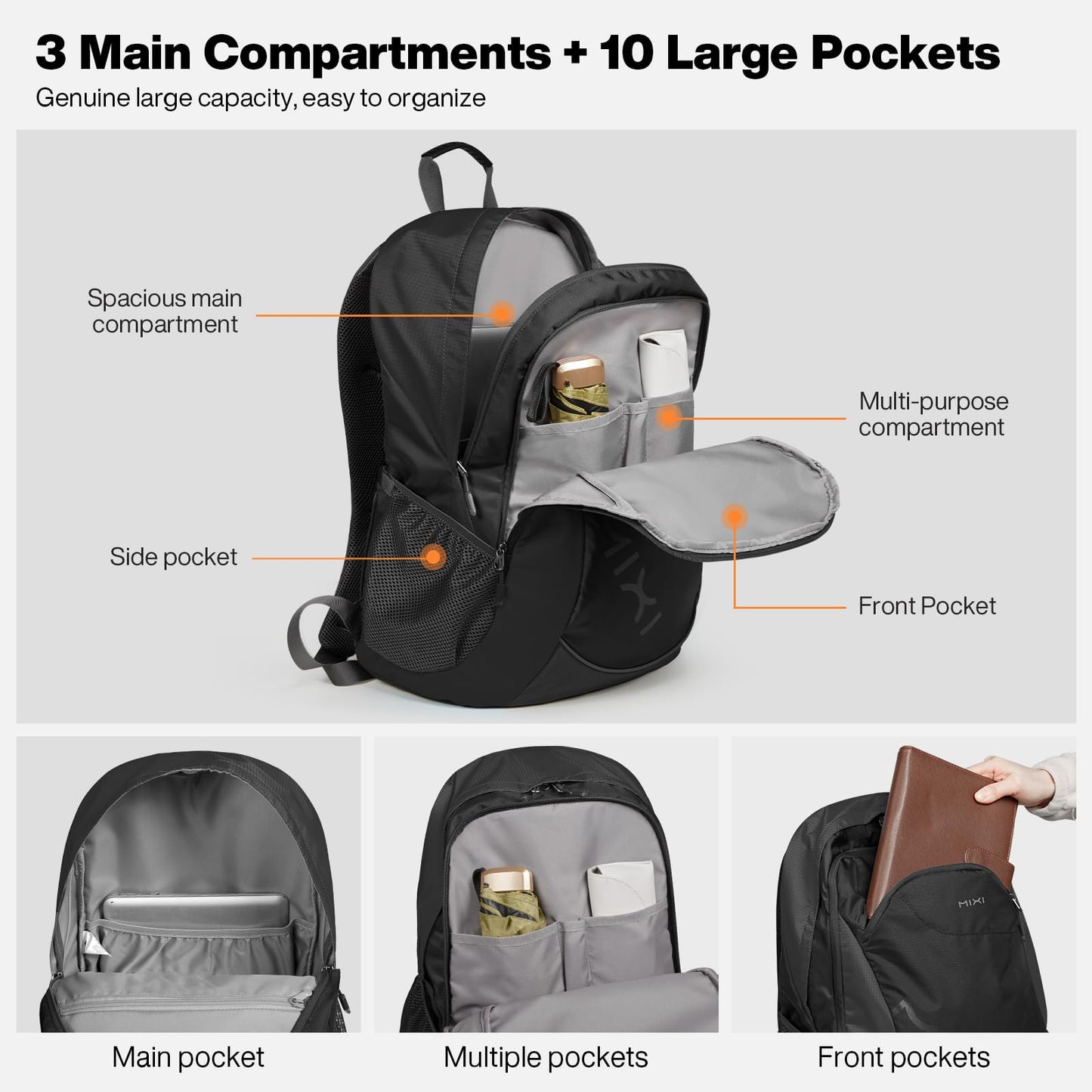 mixi 31L Ultra Lightweight Waterproof Travel Backpack, 18 inch Casual Daypack for Men Women, Durable Spacious Bag for Travel, Sports, Camping, Hiking & College, Black