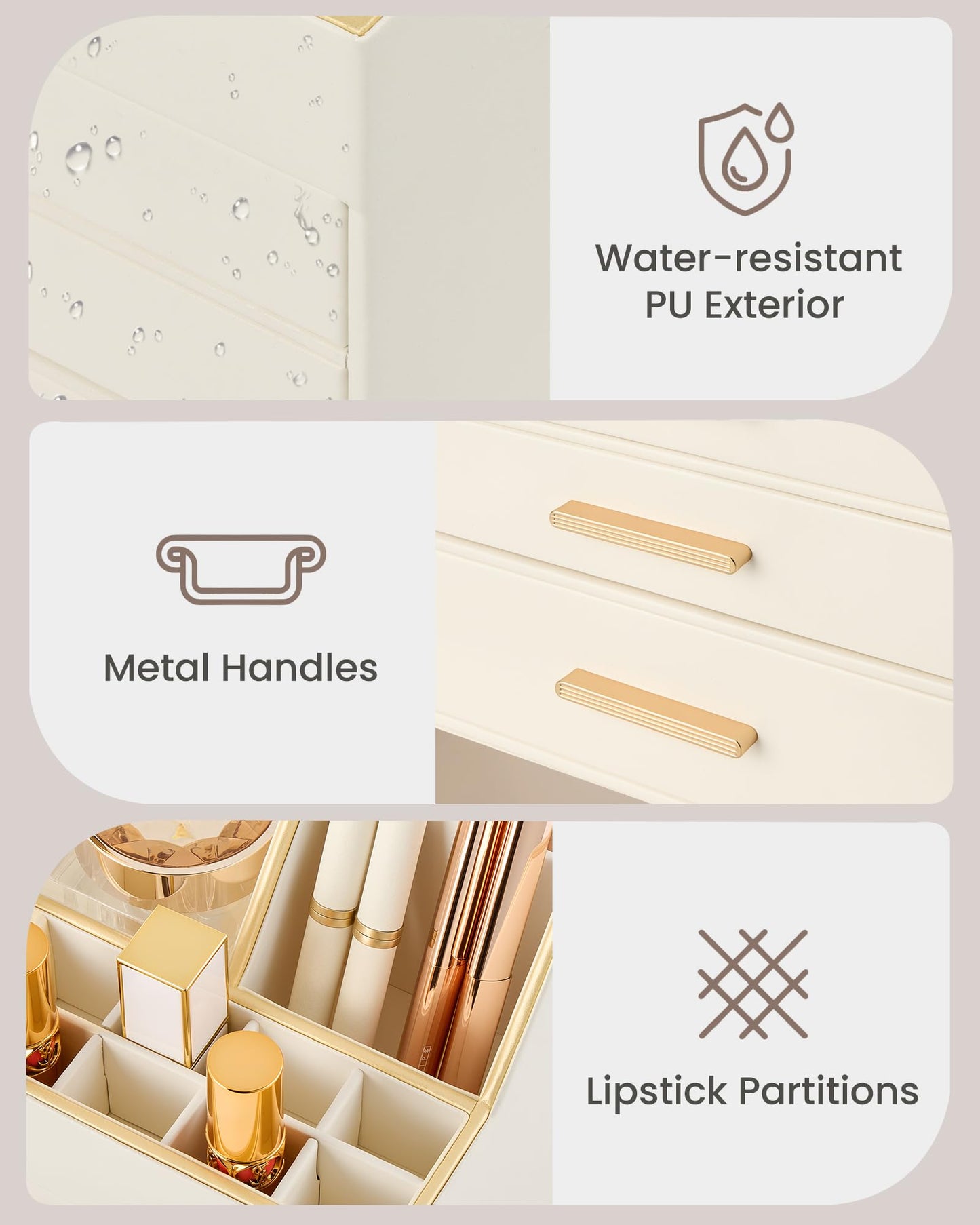 Lolalet Makeup Organizer for Vanity Desk, 4-Layer PU Leather Luxury Make Up Storage Cosmetics Holder Box with Drawers -Beige
