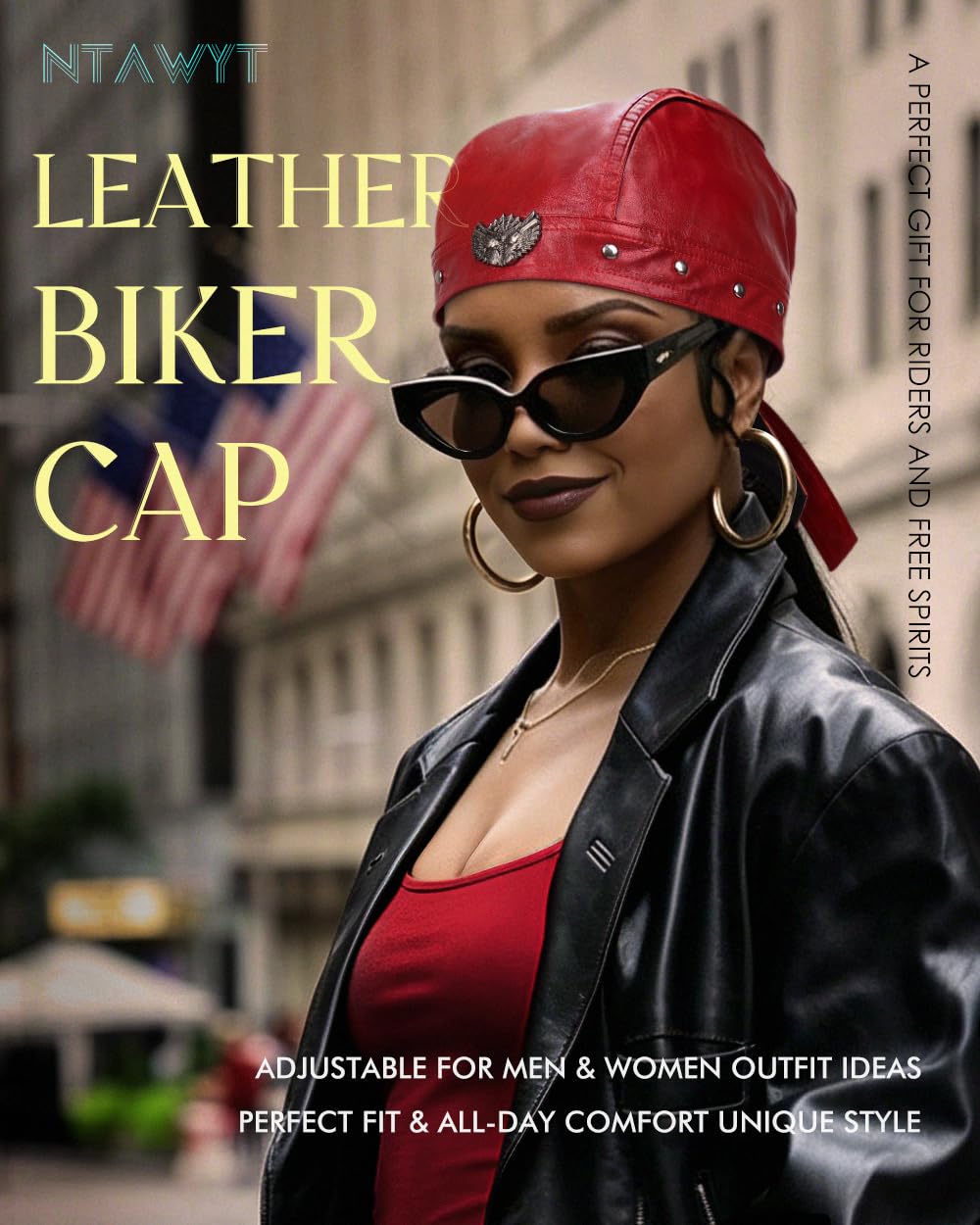 Bright Red Leather Skull Cap Adjustable - Soft Punk Biker Cap for Men Women, Classic Motorcycle Skull Cap Leather Biker Hat