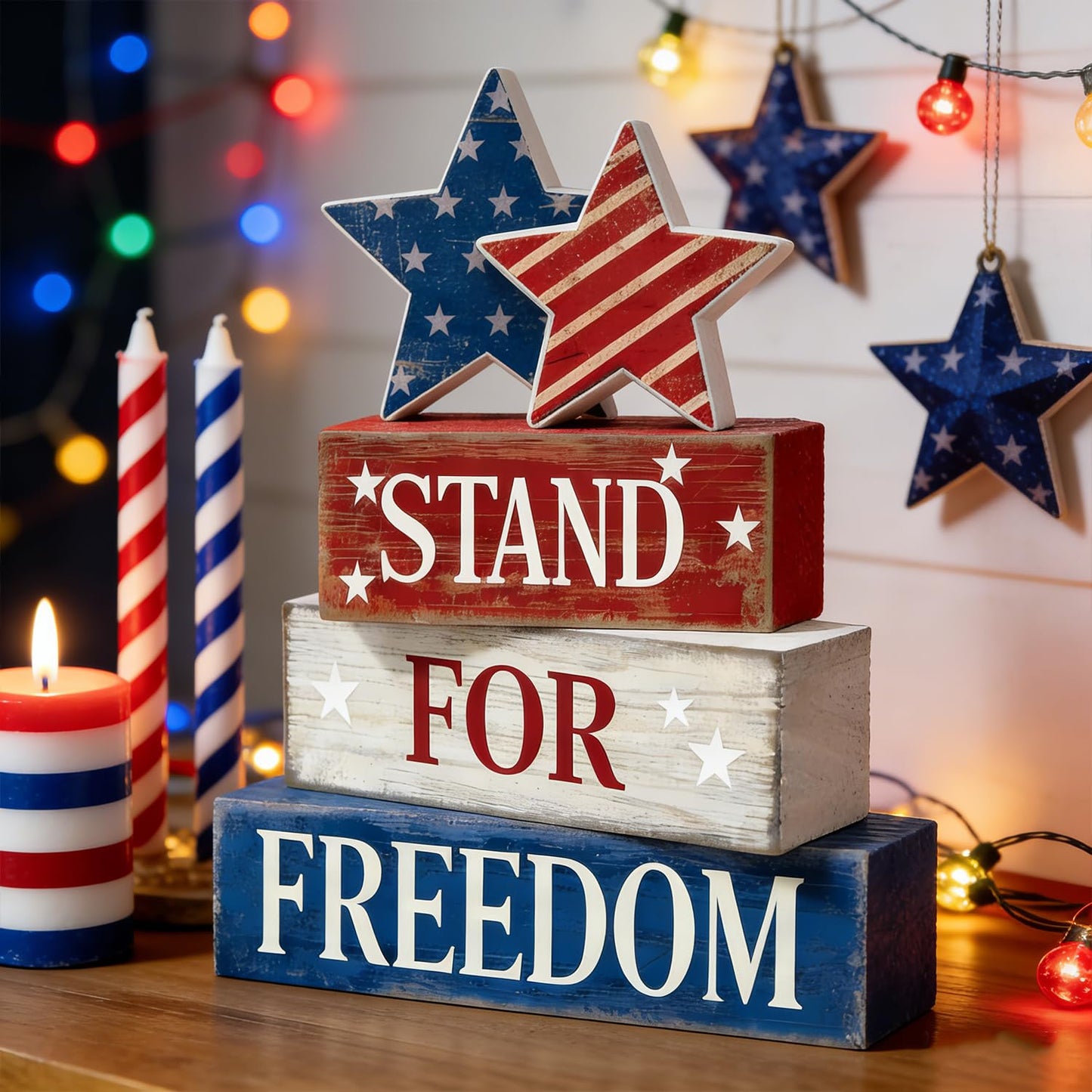 4th of July Table Decorations Patriotic Memorial Day Tiered Tray Decor Wooden Stars Block Signs Independence Farmhouse 250th July Fouth Centerpiece for Tables Wooden Sign for Home Decor