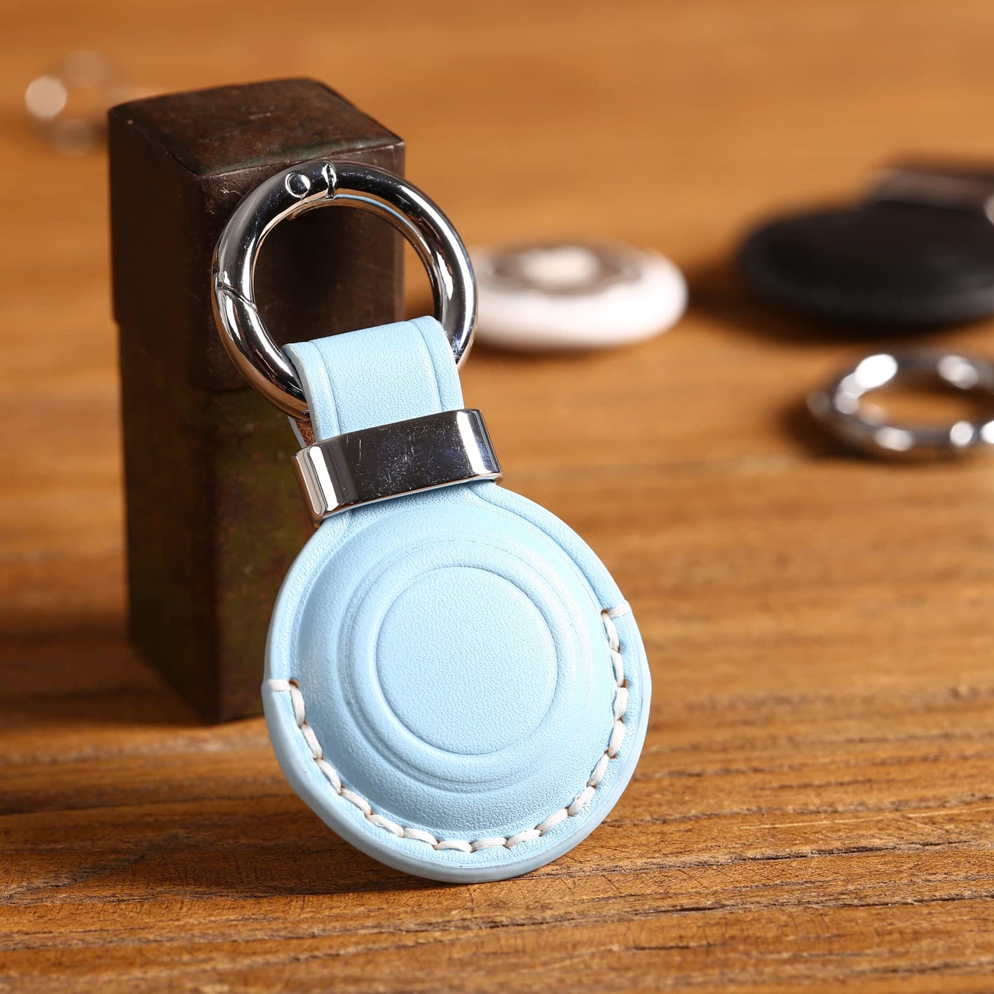 KEEPXYZ Genuine Leather Keychain Holder Compatible with Airtag, Secure for Air Tag Keychain Holder Case Cover Key Chain Ring Accessories - Blue V2.0