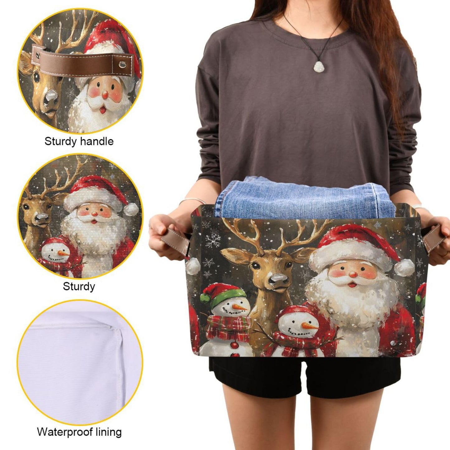 Christmas Storage Basket, Reindeer Santa Claus Snowman Foldable Fabric Collapsible Storage Bins Organizer Bag for Storage Clothes