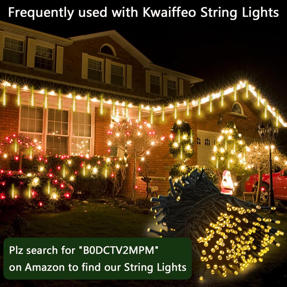 Kwaiffeo Warm White Christmas Lights Outdoor, 24 Tubes(Equivalent to 3 Sets of 8-Tube) LED Meteor Shower Lights for Xmas Wedding Party Decorations, Warm White Fairy Icicle Light for Yard Outside