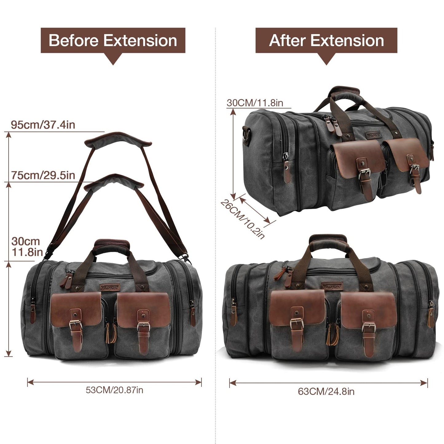 Wildroad 50L Travel Duffel Bag, Expandable Canvas Genuine Leather Duffle Bag Upgraded Overnight Weekender Carry on Bag