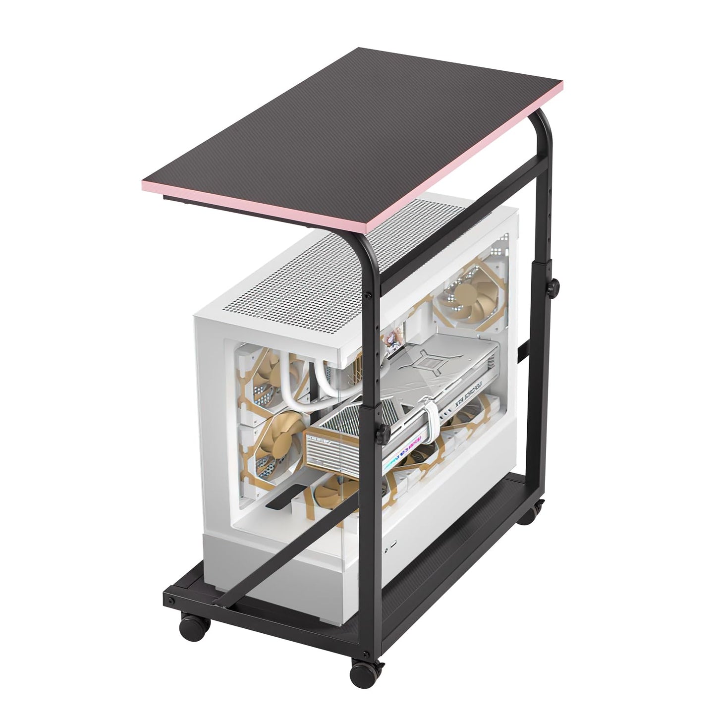 FUSLITE Ergonomic Height Adjustable Computer Tower Stand, 2-Tier CPU Holder Cart Under Desk, PC Floor Stand for Office Gaming Room, Black and Pink