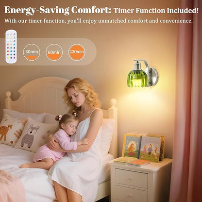 Rechargeable Battery Operated Wall Sconce Set of Two with Green Glass Lampshade, Wireless Wall Scone Decor with Remote Control, 15 Colors Brushed Nickle Wall Light for Bedside Hallway Bedroom Doorway
