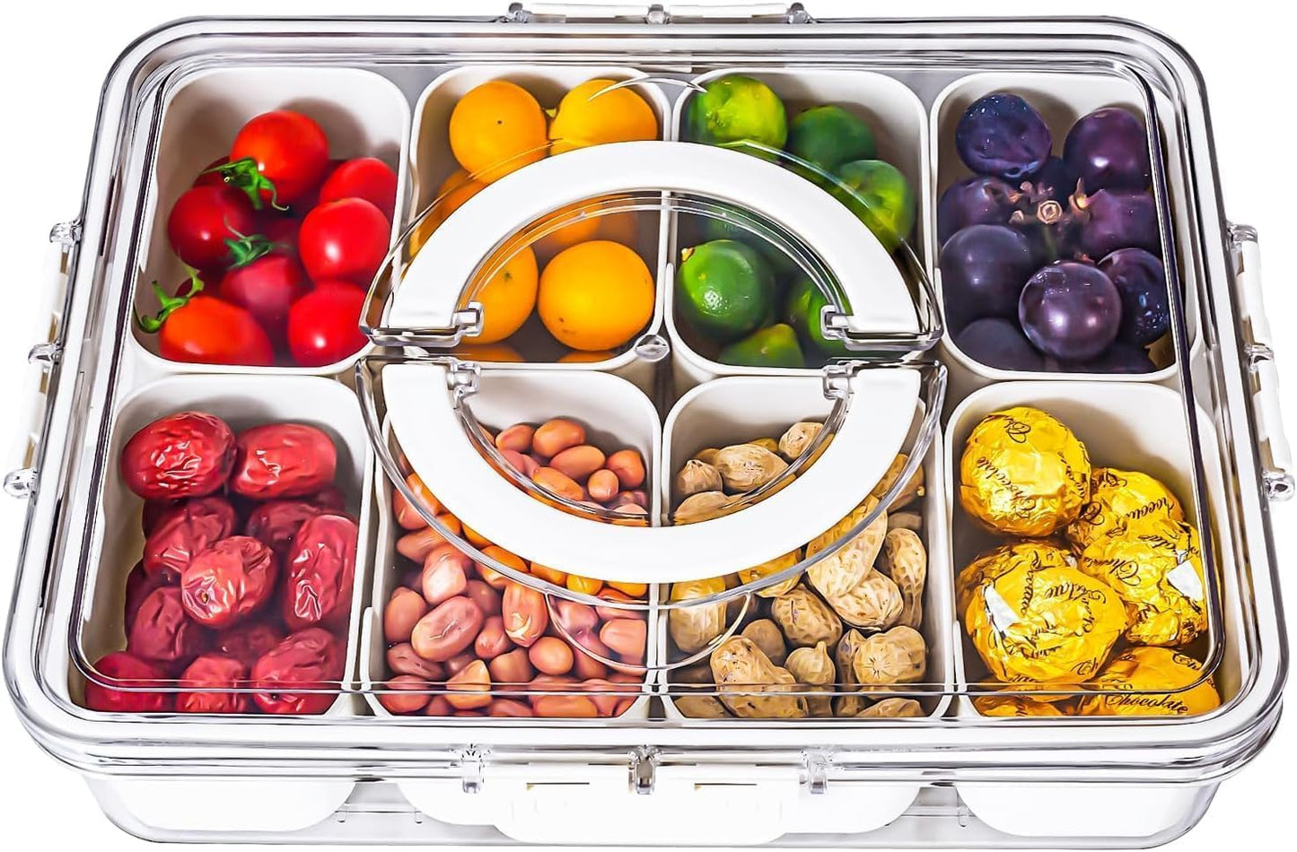 Dingerjar Divided Serving Tray with Lid and Handle - Snackle Box Charcuterie Container for Portable Snack Platters - Clear Organizer for Candy, Fruits, Nuts, Snacks - Perfect for Party, Entertaining